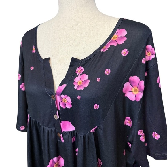 Women’s Plus Floral Short Sleeve Button Top V Smock Blouse. Black Pink 3X #1506 - Picture 2 of 6